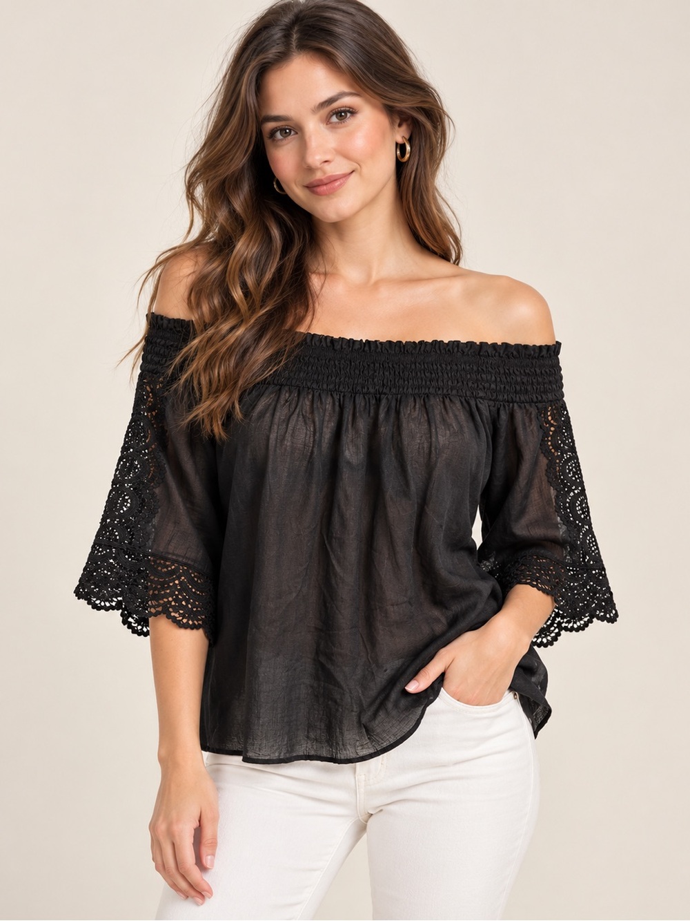 Chico’s Black 100% Linen Off-the-Shoulder Crochet Lace Blouse – Size 2